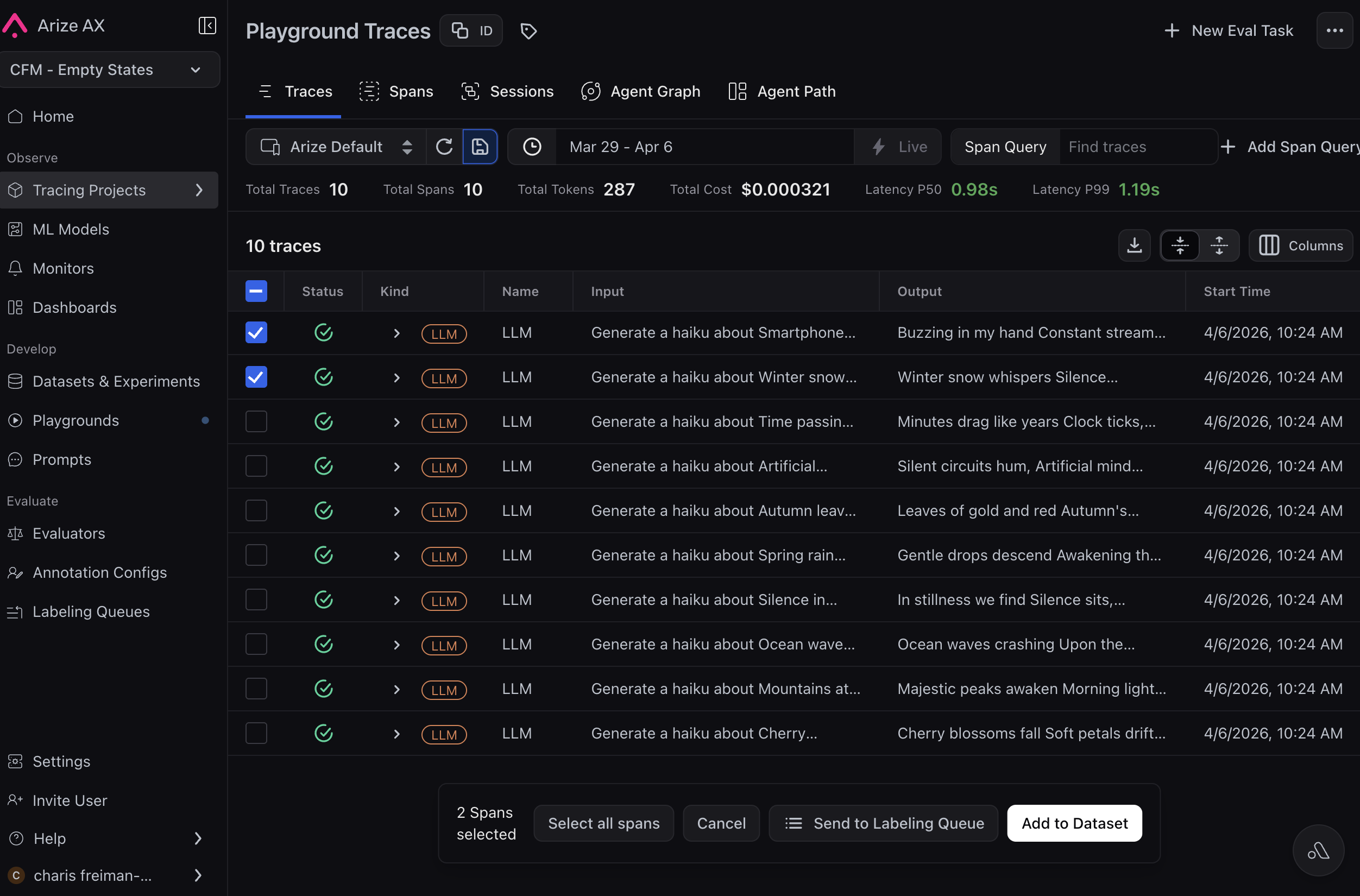 Playground Traces table with rows selected and the footer action bar showing Send to Labeling Queue and Add to Dataset